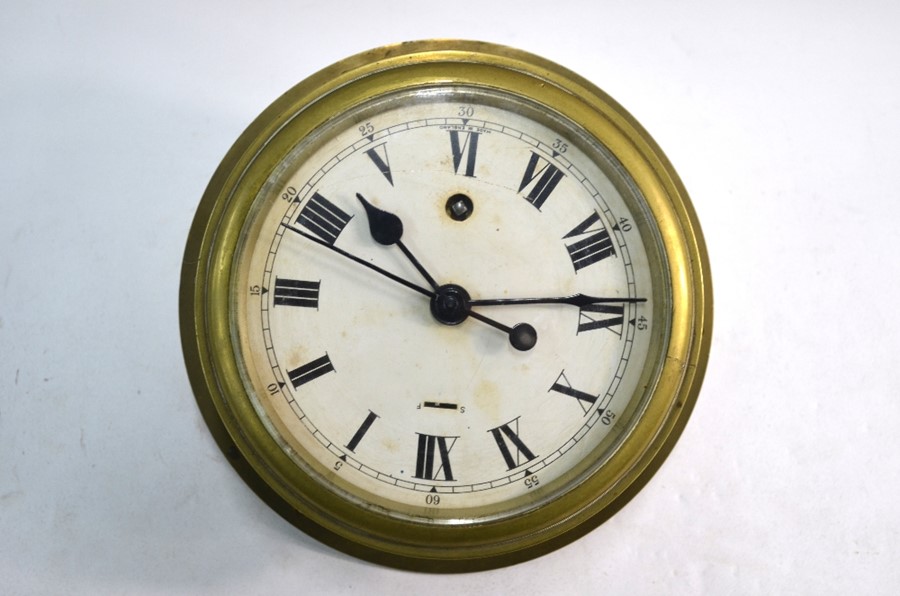 A vintage 8-day single fusee brass bulkhead clock, the white enamelled dial with Roman numerals, - Image 3 of 4