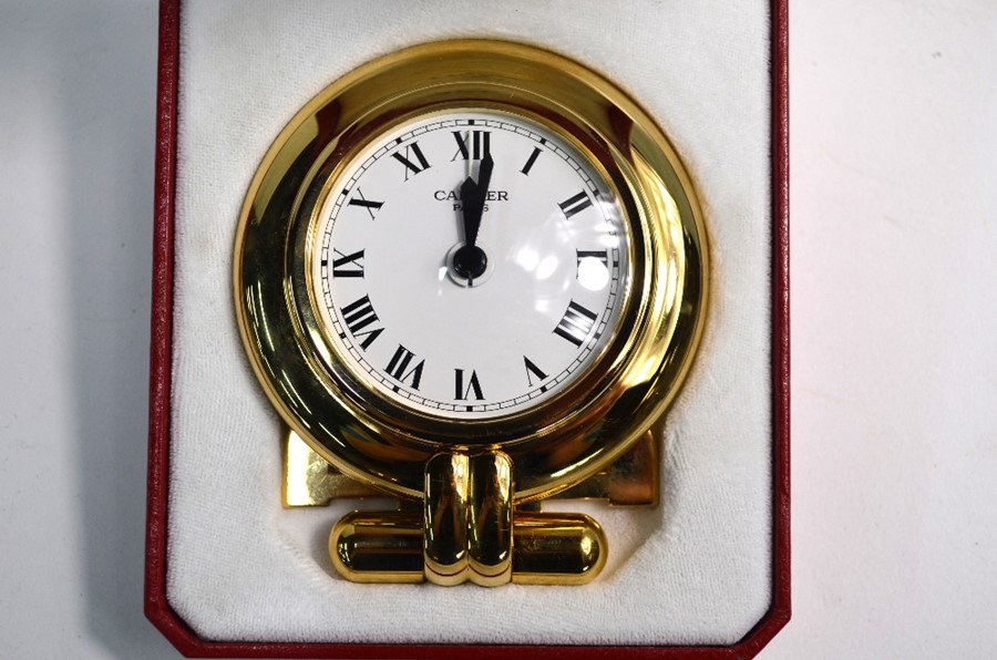 A Cartier Colisee gilt and lacquer travel alarm strut clock, no. 0500244 circa 1980, in fitted - Image 2 of 6