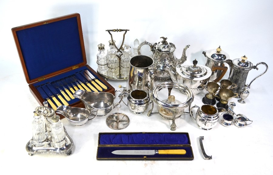 A three-piece silver condiment set, to/w various electroplated items, include two cruet stands,