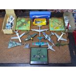 A box of assorted unboxed vintage model aircraft including Dinky, Mercury, Solido, Lintoy etc,