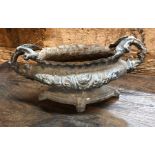An old cast iron two handled iron boat shape vase planter, 35 cm w x 17 cm h
