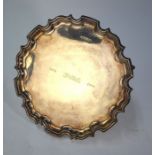A heavy quality letter salver with moulded pie-crust rim, on three scroll feet, Carrs, Sheffield