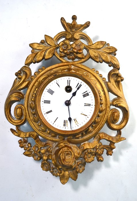 A late 19th century gilt metal and enamel French cartel clock, white enamelled dial with roman