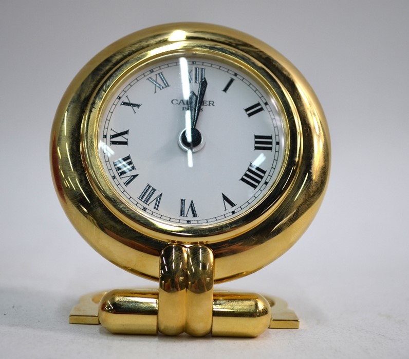 A Cartier Colisee gilt and lacquer travel alarm strut clock, no. 0500244 circa 1980, in fitted - Image 5 of 6