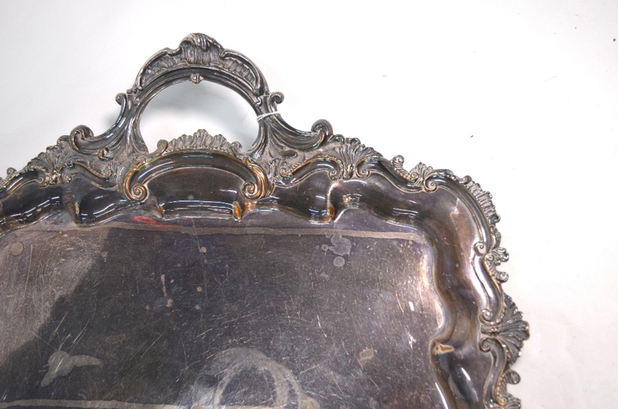 An Old Sheffield plate large tray with shell and scroll rim, twin handles and scroll feet, 75 x 45 - Image 2 of 3