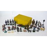 A Dinky Toys 27A Massey Harris tractor yellow box (empty) to/w quantity of playworn lead figures,