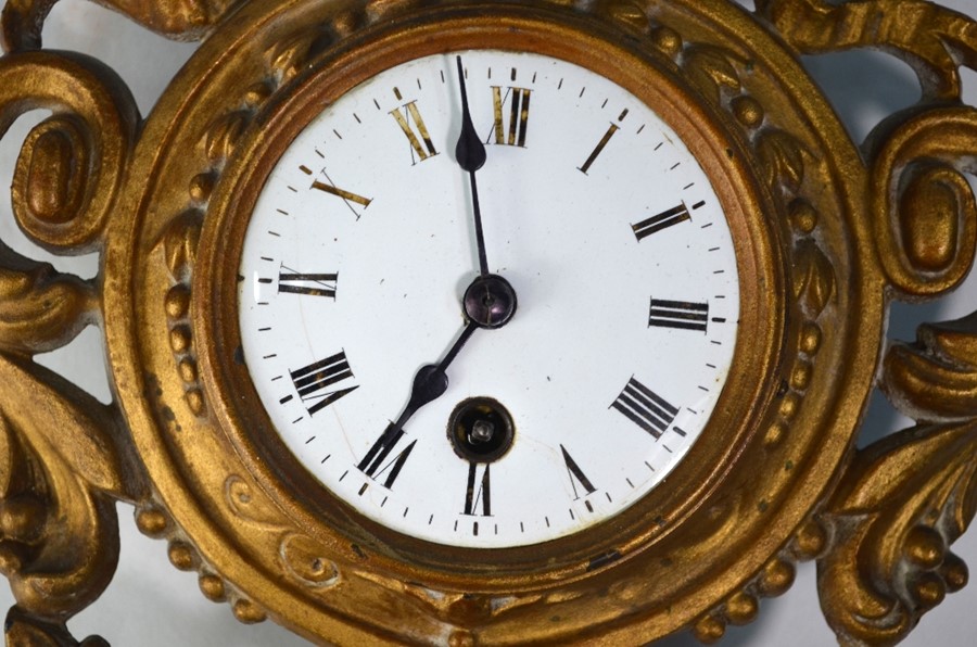 A late 19th century gilt metal and enamel French cartel clock, white enamelled dial with roman - Image 2 of 3