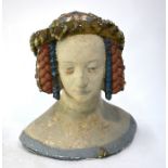 A vintage painted plaster bust of a classical female, 36 cm h