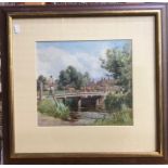 E C Pascoe-Holman - Cattle crossing bridge over the River Avon, Hampshire, watercolour, signed and