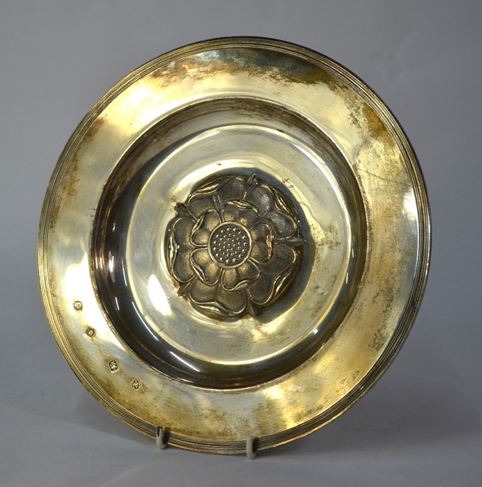 A silver replica Armada dish with central rose boss, Asprey & Co. Ltd., London 1968, 15 oz, 26 cm