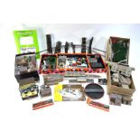 A large quantity of N gauge model railway layout components including track, buildings including