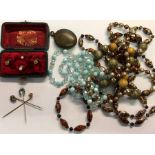 Three antique stick pins, cased studs, Victorian locket and three modern bead necklaces