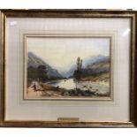 C Varley - Swiss mountain lakeside and figures on shore, watercolour, signed lower right, 21 x 29