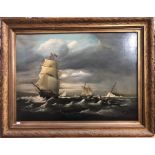 H J Moore - An extensive sea view with fishing boats and brig, oil on canvas, signed lower left,