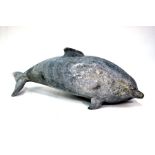 An artisan hand carved marble 'baby' dolphin sculpture, of Spanish origin, circa 1980, size 53 cm