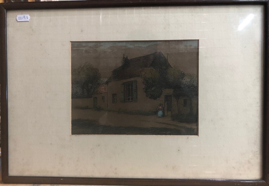 Jean Charles Millet (1892-1944) - Cottage scene, etching with colour, 16.5 x 22 cm