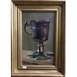 Rooke - Still life study with goblet and foliage, oil on board, signed lower left, 32 x 20 cm