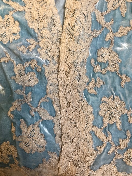 WITHDRAWN A pale blue silk velvet bed jacket edged in cream lace, a pale blue Chinese silk bed - Image 8 of 10