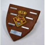 A painted metal ship's badge, HMS Maidstone, on oak shield mounted with ship's name-tags, Home Fleet
