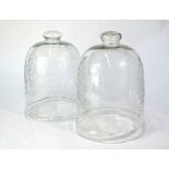 A pair of glass cloche domes with cut decoration and top pommel handles, 24 cm high