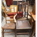 Arts & Crafts oak elbow chair to/w rush seated ladderback side chair (2)