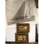 A box of unframed prints including Valsheda sailing boats and two diminutive oil on board marine-