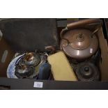 A mixed box to include a copper kettle, electroplated ware, cased baby's pusher and spoon, a cased