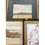 Three watercolours - Sheep in a field, estuary and figurative study (3)