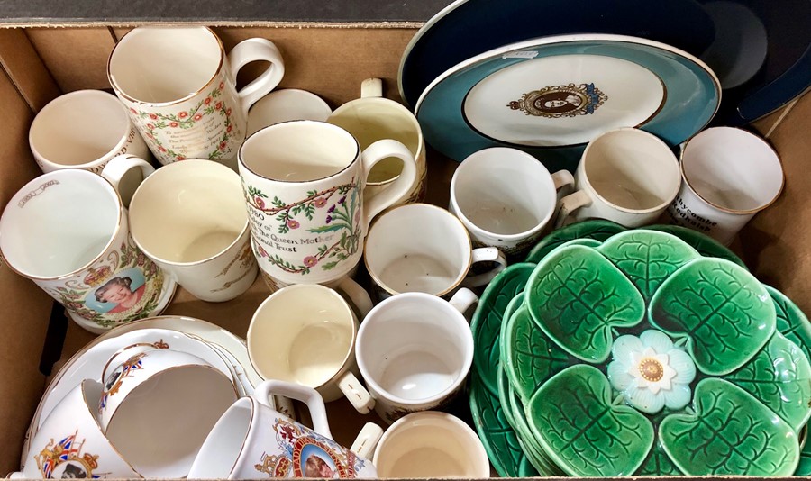 A collection of Royal commemorative wares to/w a majolica fruit set