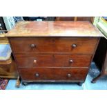 A Victorian mahogany chest of three deep long drawers on turned feet, 117 x 53 x 106 cm high