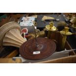 A mixed box to include wooden tiered cake stand, vintage French baguette cutter. pair of brass