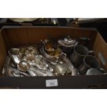 A box of electroplated ware to include bachelor tea set, large oval tray, a quantity of flatware,