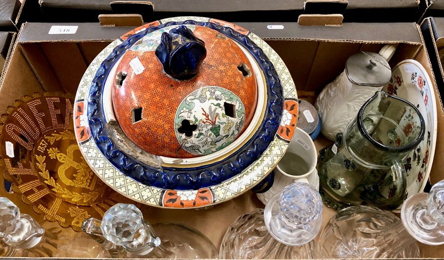 A large Fenton/Staffordshire centrepiece with pierced domed cover and Imari-style design; together