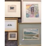 Five various pictures - Loch Brittle Skye, D Cary Morgan woodblock print, Greenhouse watercolour,