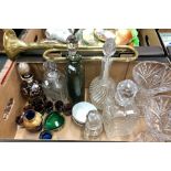 An interesting mixed box comprising a pair of cut glass vases, four decanters, silver overlay