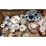 An interesting mixed box to include 18th century blue and white Delft plate, a/f, 18th century tea