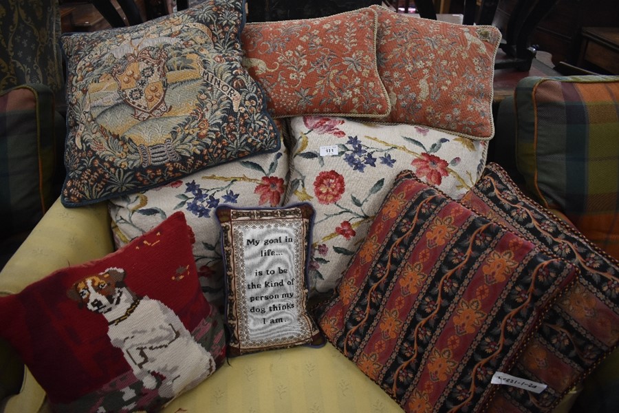 Three pairs of decorative scatter cushions, a wool tapestry cushion depicting a dog and two others