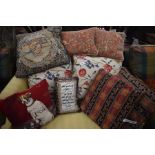 Three pairs of decorative scatter cushions, a wool tapestry cushion depicting a dog and two others