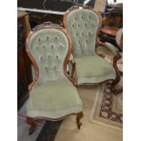 A companion pair of Victorian mahogany bedroom chairs with green dralon button back upholstery,