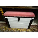 A white painted & metal bound trunk with pink dralon upholstered seat to/w an inlaid mahogany coffee
