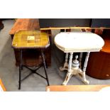 Art Deco tile top table table (A/F) to/w a painted occasional table on turned quadraform supports (