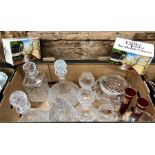 A box of cut glass including a pair of ship's decanters, rose bowl, brandy goblets etc.