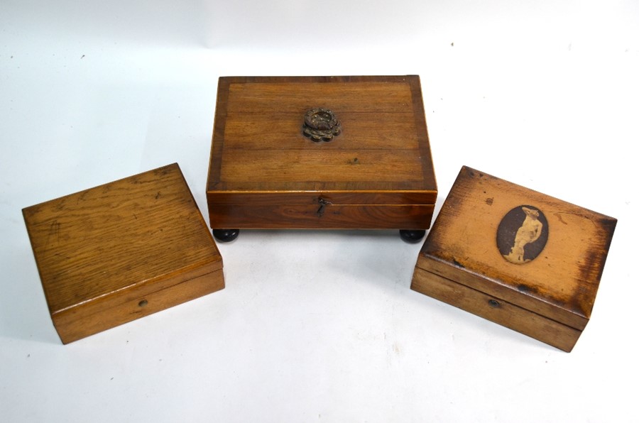 A Regency rosewood and cross-banded box with gilt brass ring-and-plate top handle, 23 cm wide, to/