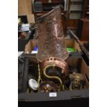 A box of metal ware to include; horse brasses, scales and weights, brass neo-classical door knocker,