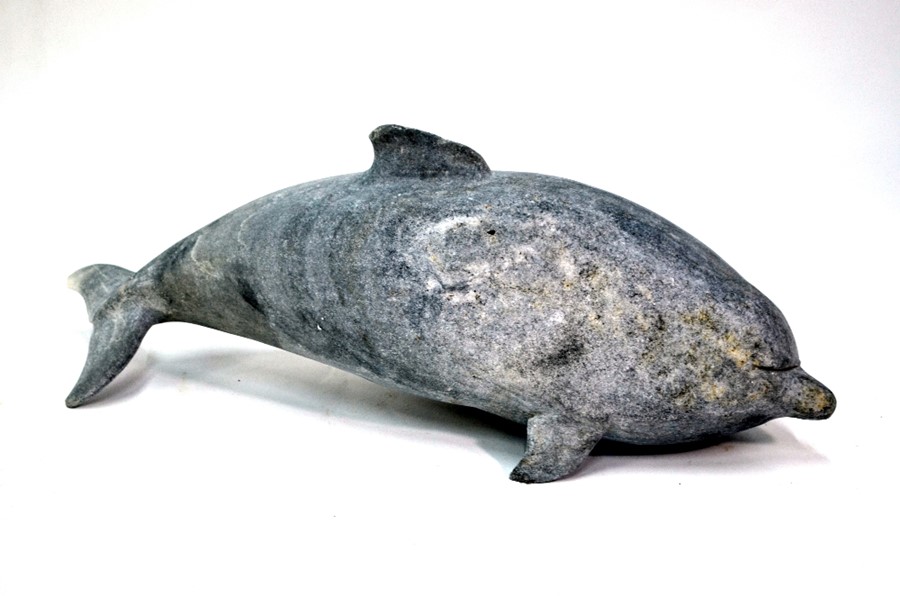 An artisan hand carved marble 'baby' dolphin sculpture, of Spanish origin, circa 1980, size 53 cm