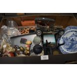A box containing vintage cotton yarns and sewing accessories, a battery operated model vintage