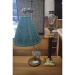 An adjustable brass table lamp with pleated green silk shade and another brass table lamp (2)