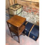 An old school trunk, an old canvas officers holdall and a Victorian mahogany two tier night stand (