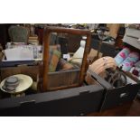 Two mixed boxes to include dressing table mirror, set of vintage scales, Art Deco glass light shade,