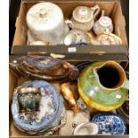 Two boxes of ceramics, comprising: a Royal Doulton silver mounted jar and cover; two Chinese blue